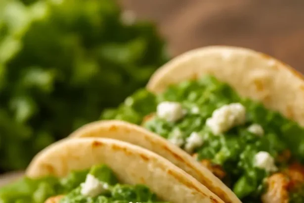 Creamy chimichurri chicken tacos with avocado and feta on a plate