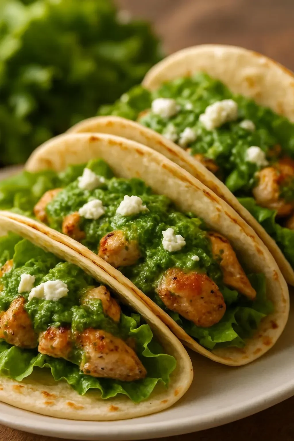 Creamy chimichurri chicken tacos with avocado and feta on a plate