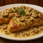 Plate of creamy dill chicken with mushrooms served with vegetables.