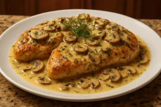 Plate of creamy dill chicken with mushrooms served with vegetables.
