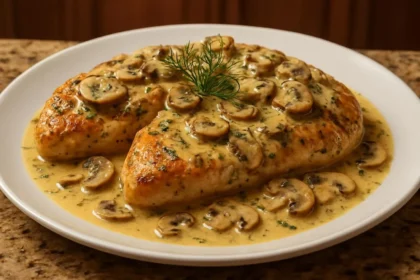 Plate of creamy dill chicken with mushrooms served with vegetables.