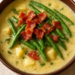 Creamy green bean and potato soup in a bowl with fresh herbs
