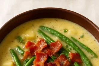 Creamy green bean and potato soup in a bowl with fresh herbs