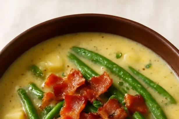 Creamy green bean and potato soup in a bowl with fresh herbs