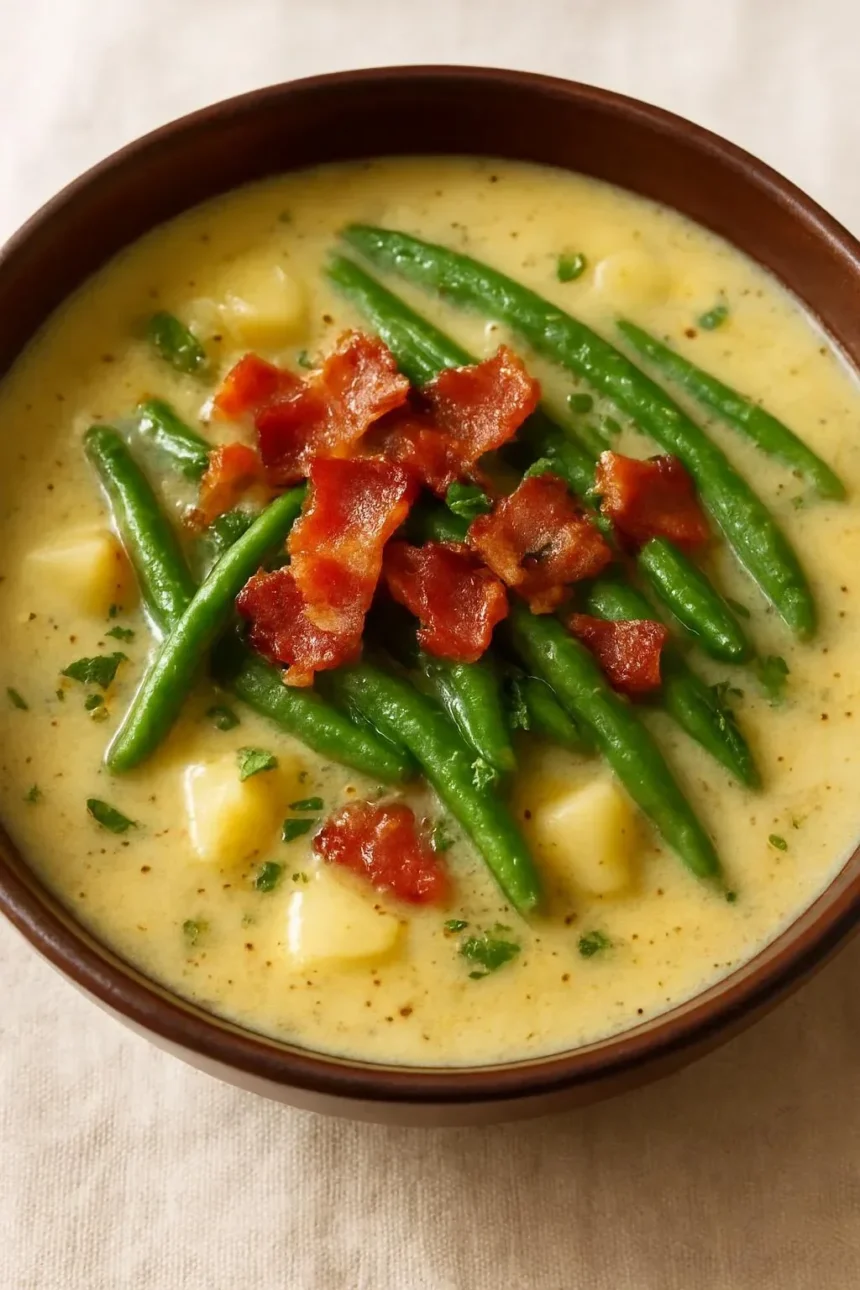 Creamy green bean and potato soup in a bowl with fresh herbs
