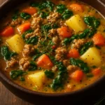 Bowl of creamy Italian sausage soup with potatoes and herbs
