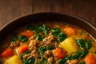 Bowl of creamy Italian sausage soup with potatoes and herbs