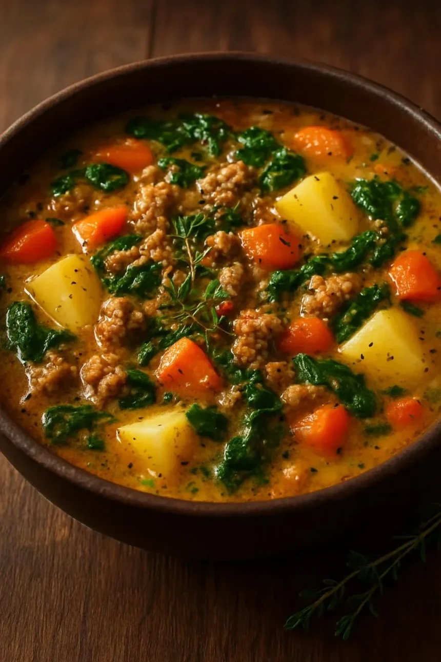 Bowl of creamy Italian sausage soup with potatoes and herbs