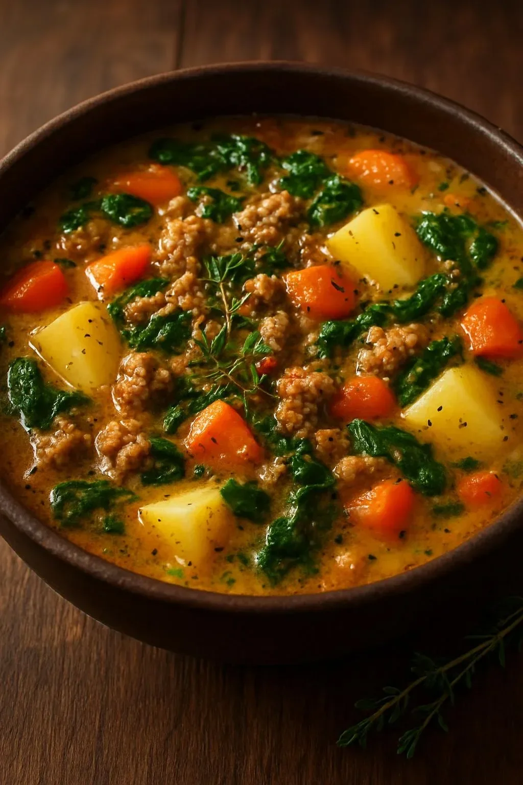 Bowl of creamy Italian sausage soup with potatoes and herbs