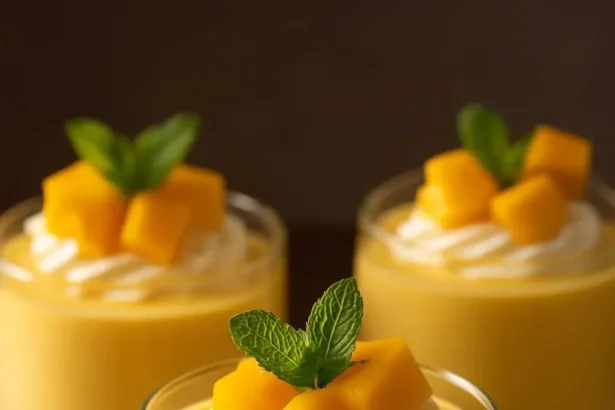 Delicious creamy mango mousse served in a dessert glass