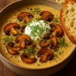 Bowl of creamy mushroom herb soup garnished with fresh herbs.