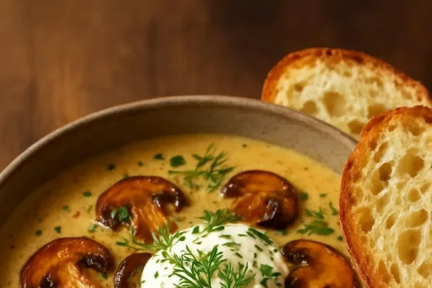 Bowl of creamy mushroom herb soup garnished with fresh herbs.