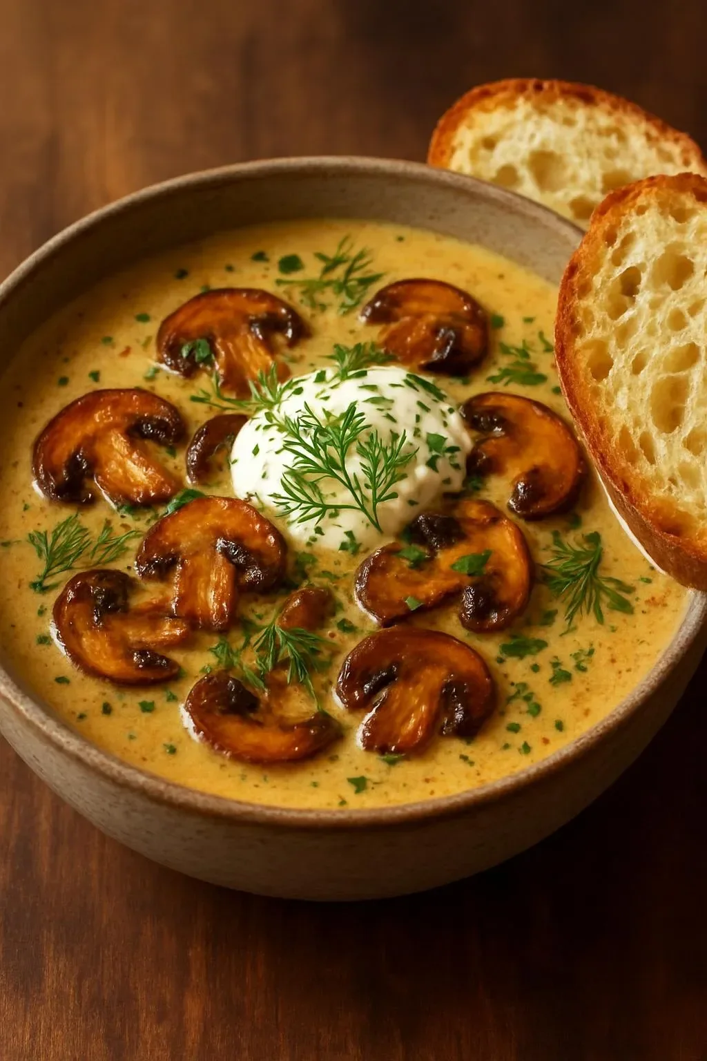 Bowl of creamy mushroom herb soup garnished with fresh herbs.