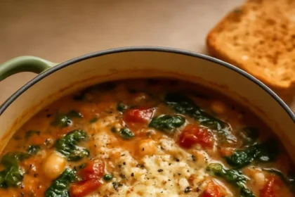 Bowl of creamy Parmesan Tuscano soup garnished with herbs and cheese