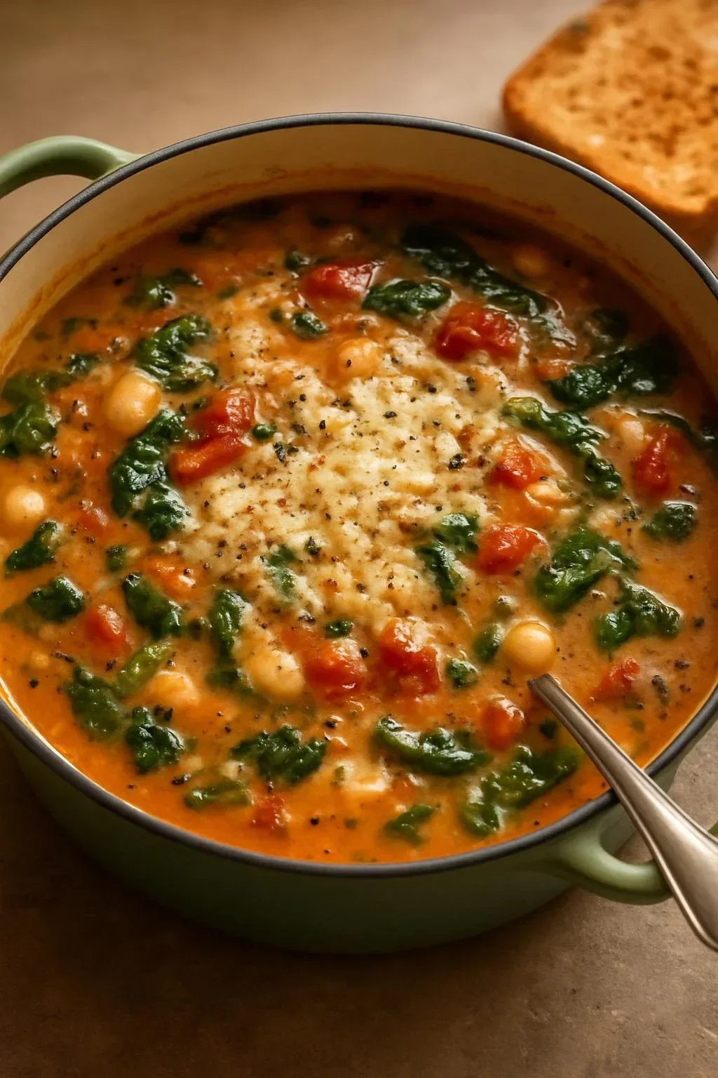 Bowl of creamy Parmesan Tuscano soup garnished with herbs and cheese