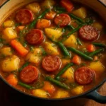 Creamy sausage and potato stew in a bowl, garnished with herbs
