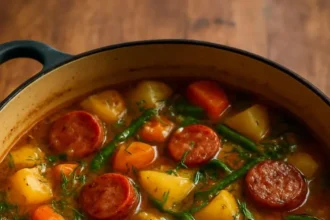 Creamy sausage and potato stew in a bowl, garnished with herbs