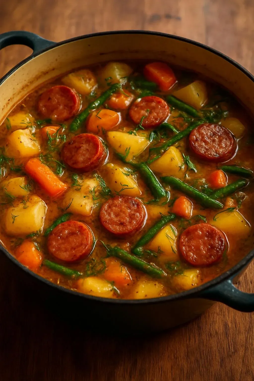 Creamy sausage and potato stew in a bowl, garnished with herbs