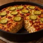 Creamy Swiss Chicken Bake with pickles in a casserole dish
