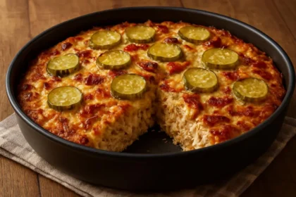 Creamy Swiss Chicken Bake with pickles in a casserole dish
