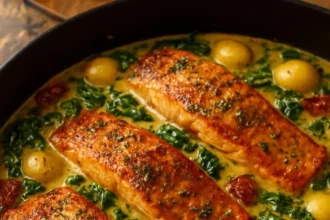 Creamy Tuscan Salmon dish served with herbs and vegetables