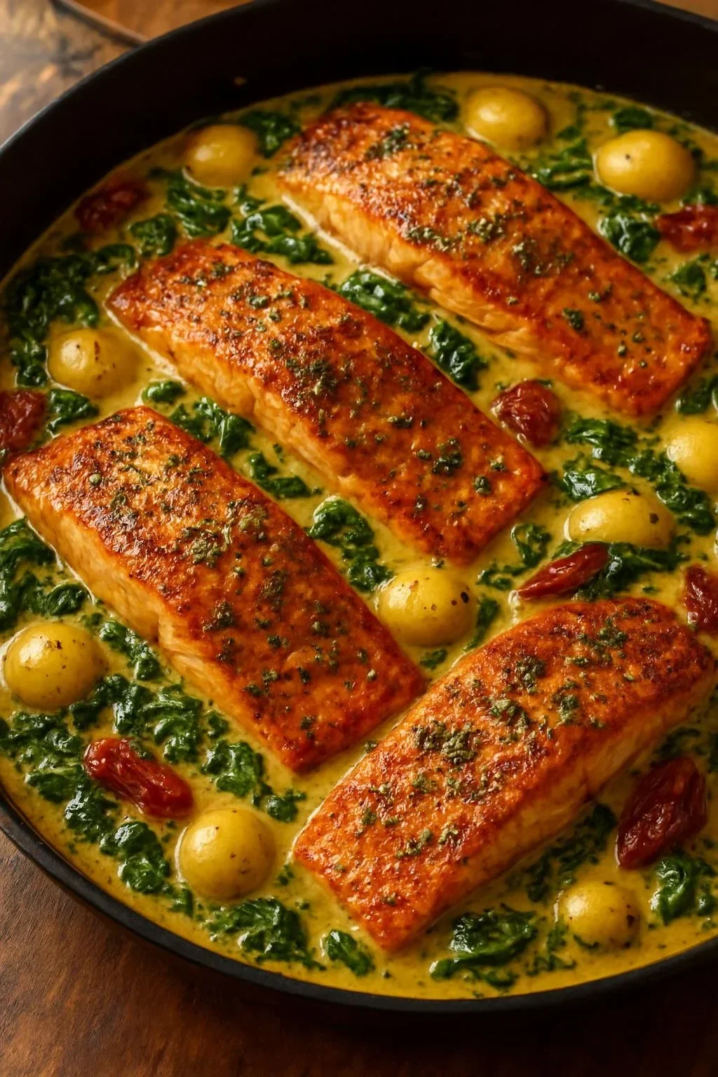 Creamy Tuscan Salmon dish served with herbs and vegetables
