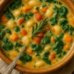 Bowl of creamy white bean and bacon spinach soup garnished with fresh herbs