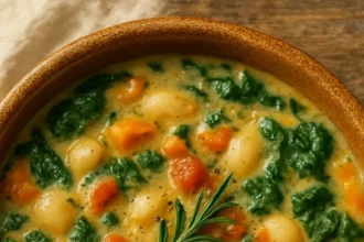 Bowl of creamy white bean and bacon spinach soup garnished with fresh herbs