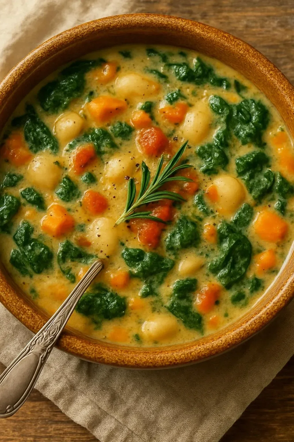 Bowl of creamy white bean and bacon spinach soup garnished with fresh herbs