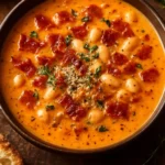 Creamy white bean and bacon tomato soup in a bowl with herbs and bread
