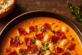 Creamy white bean and bacon tomato soup in a bowl with herbs and bread