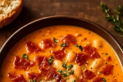 Creamy white bean and bacon tomato soup in a bowl with herbs and bread