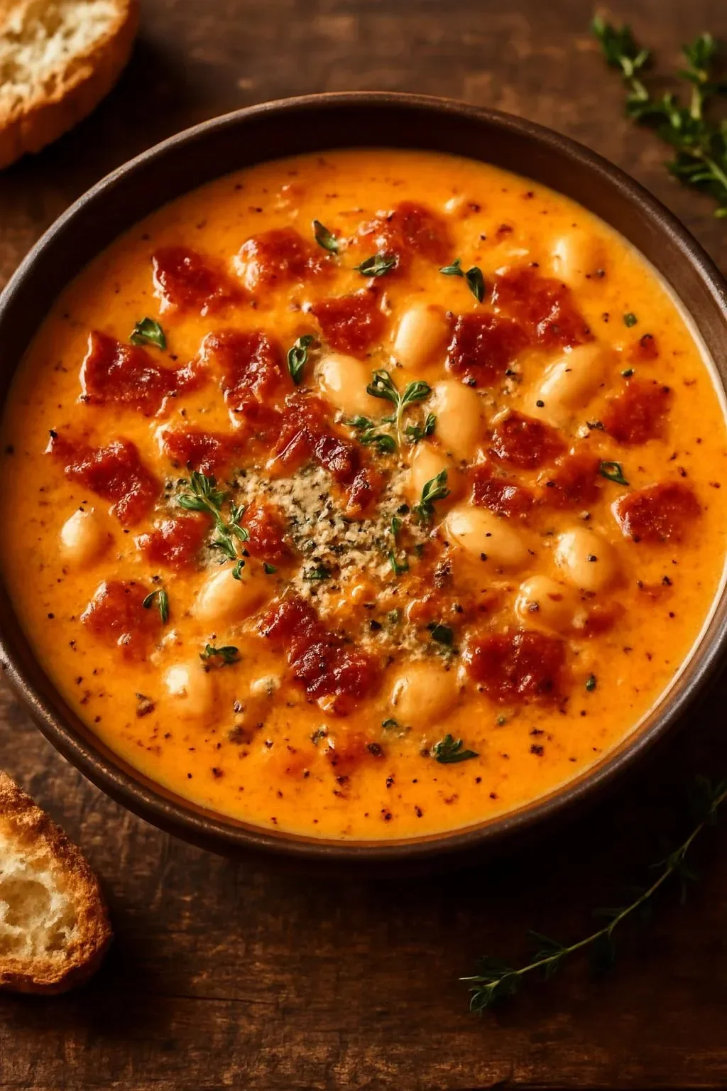 Creamy white bean and bacon tomato soup in a bowl with herbs and bread