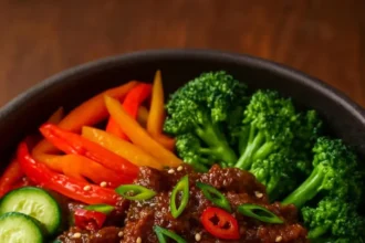 Delicious crispy beef rice bowl topped with fresh vegetables and sauce