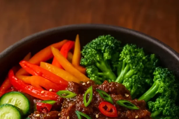Delicious crispy beef rice bowl topped with fresh vegetables and sauce