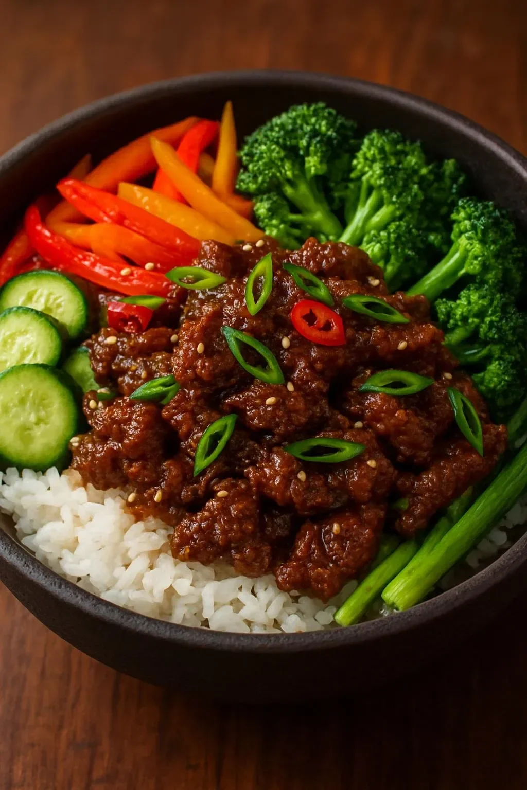 Delicious crispy beef rice bowl topped with fresh vegetables and sauce