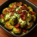 Crispy Brussels sprouts with mustard sauce and bacon on a plate