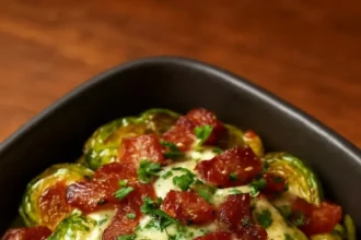 Crispy Brussels sprouts with mustard sauce and bacon on a plate