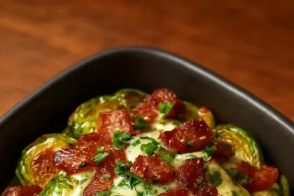 Crispy Brussels sprouts with mustard sauce and bacon on a plate