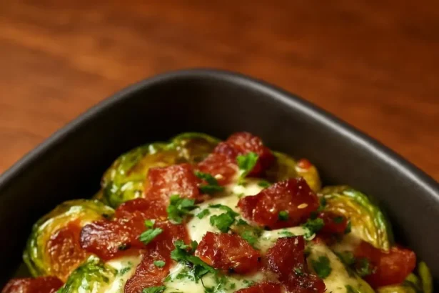 Crispy Brussels sprouts with mustard sauce and bacon on a plate
