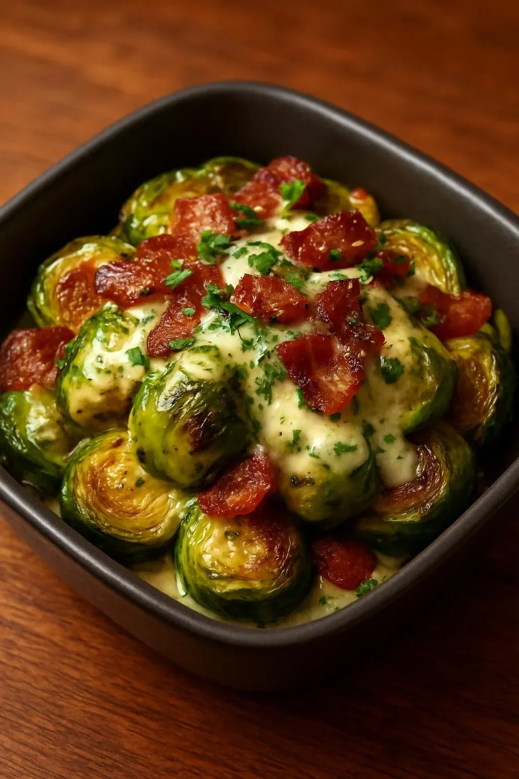 Crispy Brussels sprouts with mustard sauce and bacon on a plate