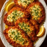 Crispy chicken cutlets topped with lemon garlic butter sauce served on a plate