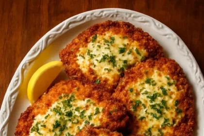 Crispy chicken cutlets topped with lemon garlic butter sauce served on a plate