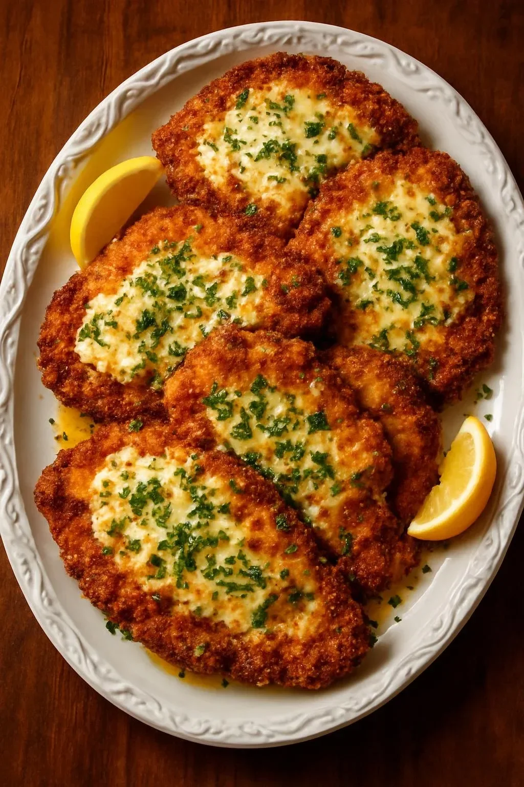 Crispy chicken cutlets topped with lemon garlic butter sauce served on a plate