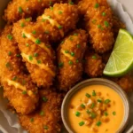 Plate of crispy coconut cornflake chicken served with Bang Bang sauce