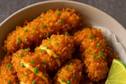 Plate of crispy coconut cornflake chicken served with Bang Bang sauce