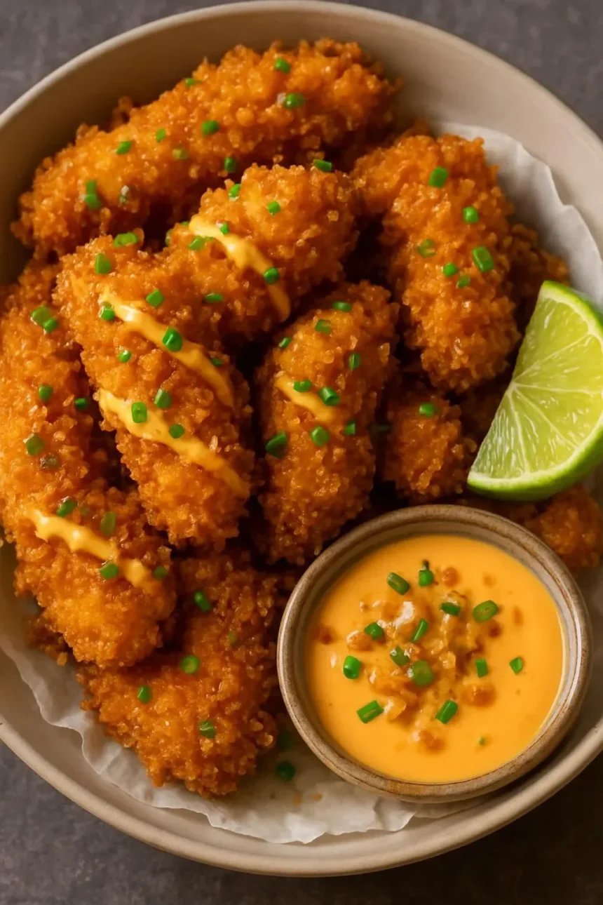 Plate of crispy coconut cornflake chicken served with Bang Bang sauce
