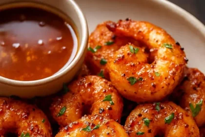 Crispy honey-glazed shrimp served on a plate with garnishes