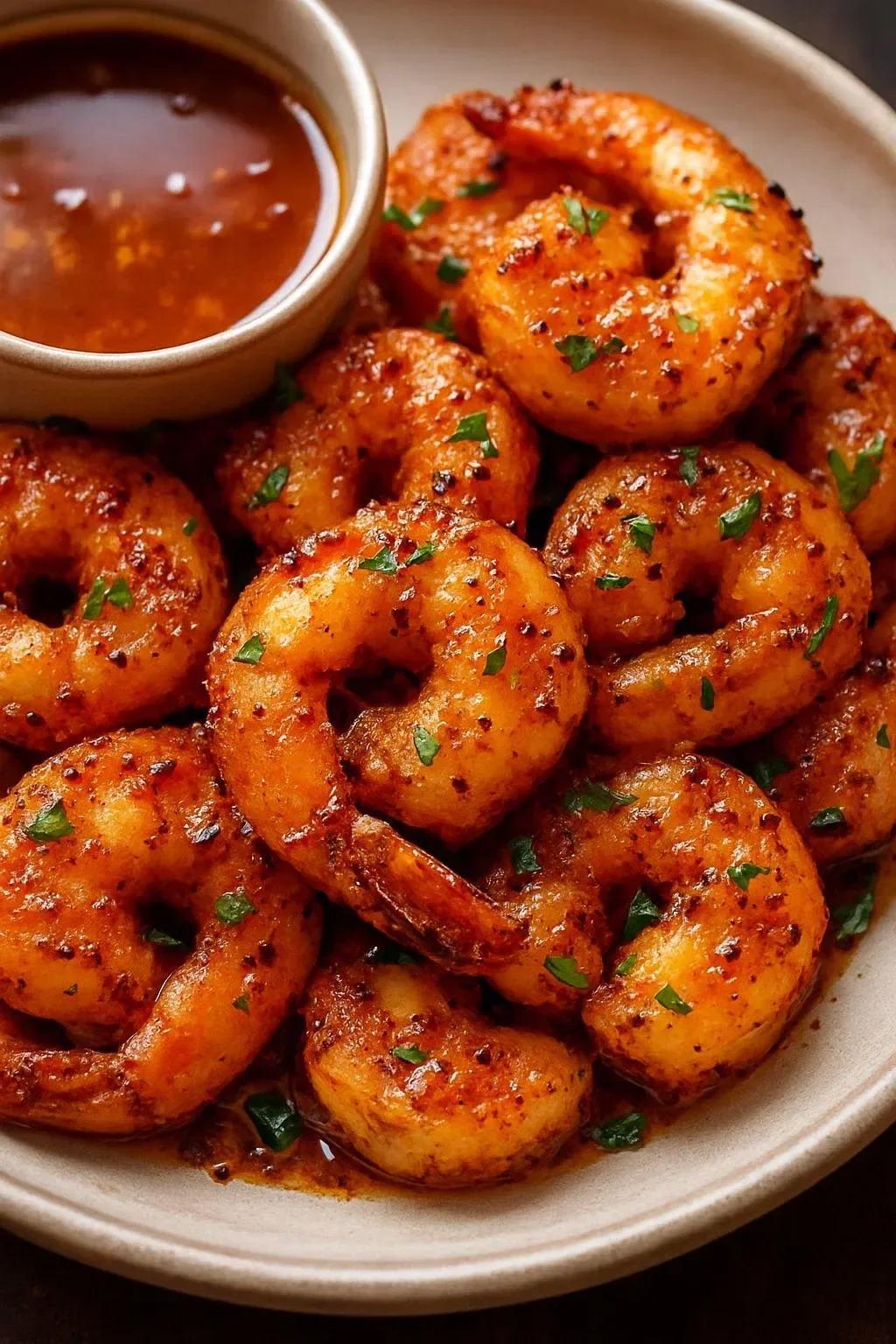 Crispy honey-glazed shrimp served on a plate with garnishes