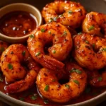 Crispy honey-glazed shrimp served with a drizzle of sauce